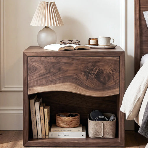 Solid Wood Nightstand with Live Edge Drawer & Open Shelf