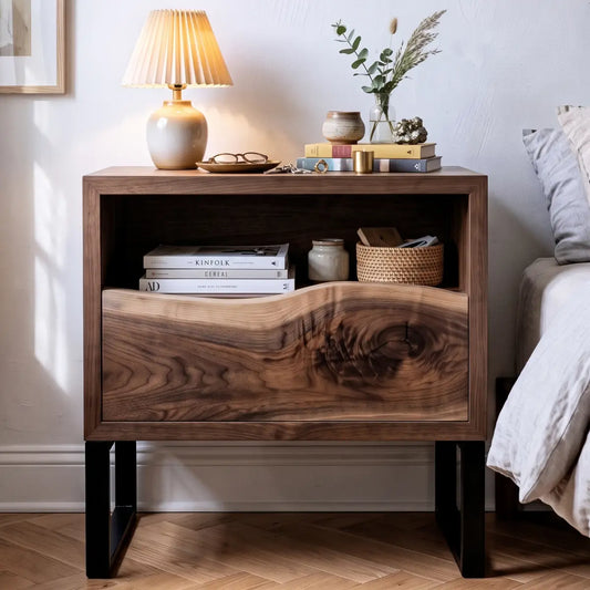 Solid Wood Nightstand with Drawer & Open Shelf – Live Edge Bedside Table with Metal Legs