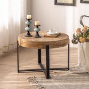 Round Solid Wood Coffee Table with Metal Base