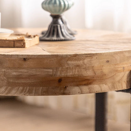 Round Solid Wood Coffee Table with Metal Base