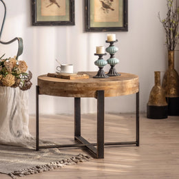 Round Solid Wood Coffee Table with Metal Base