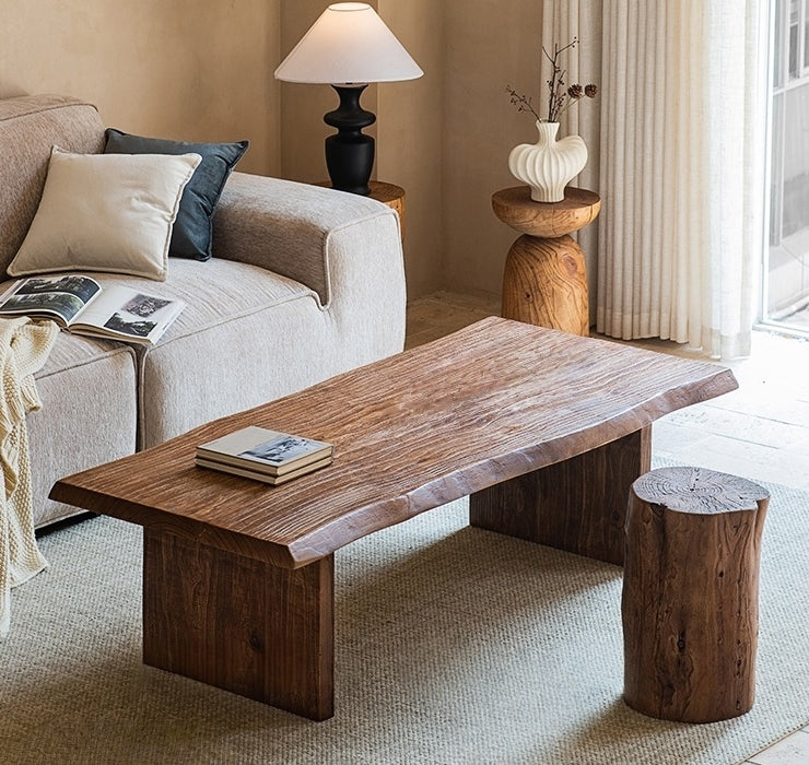Solid Elm Coffee Table | Hand-Shaped Organic Edge & Waterfall Design