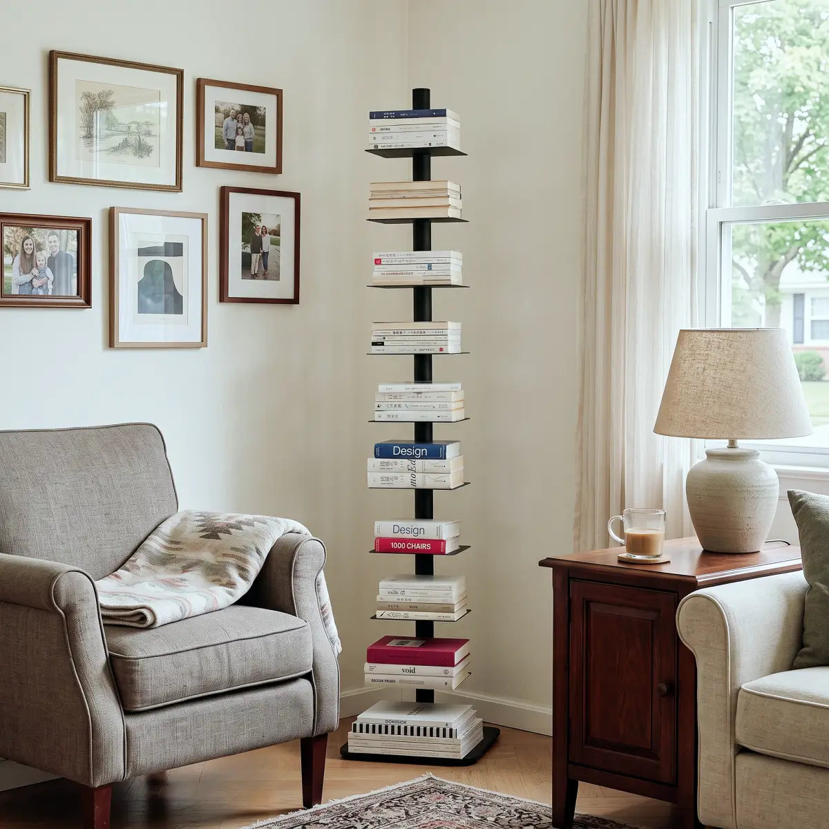 Rotating Floor Bookshelf – 360° Adjustable Vertical Book Tower