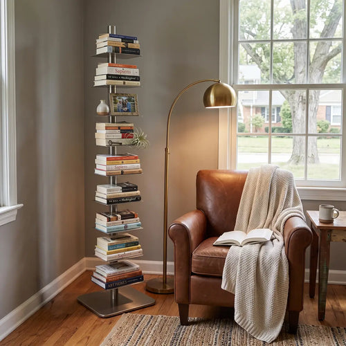 Rotating Floor Bookshelf – 360° Adjustable Vertical Book Tower