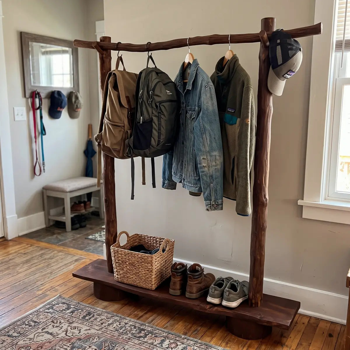 Rustic Solid Wood Coat Rack with Bench
