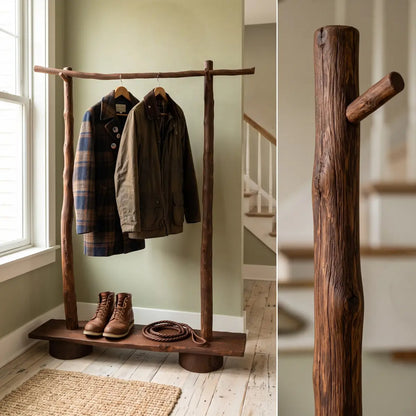 Rustic Solid Wood Coat Rack with Bench