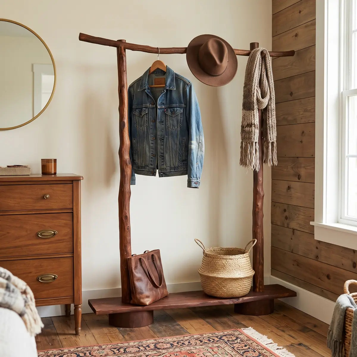 Rustic Solid Wood Coat Rack with Bench