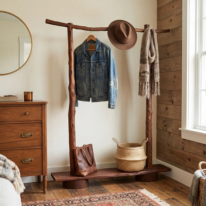 Rustic Solid Wood Coat Rack with Bench