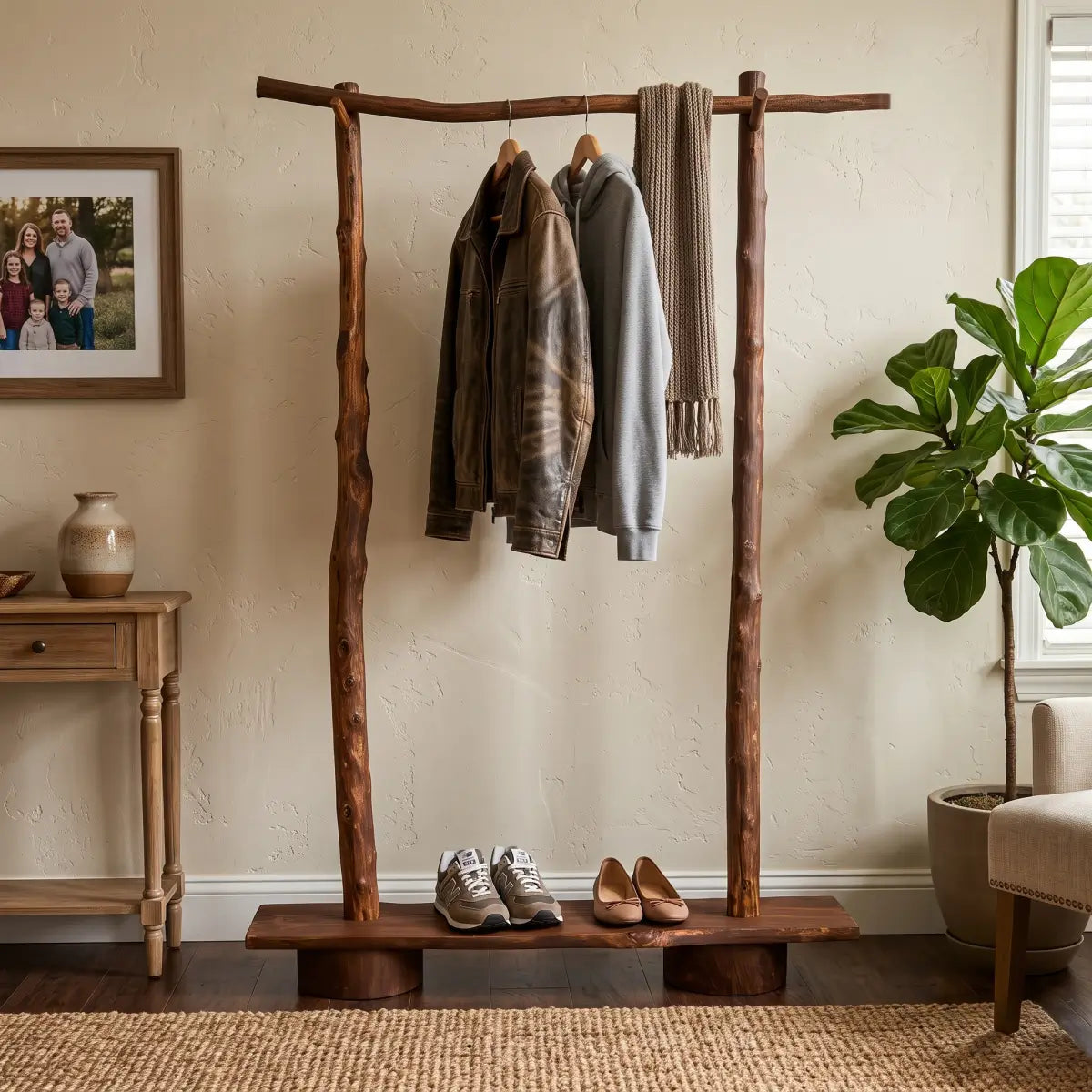 Rustic Solid Wood Coat Rack with Bench