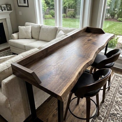 Live Edge Sofa Bar Table with Low Back Rail – Solid Wood Behind Couch Counter Table