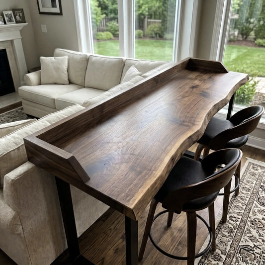 Live Edge Sofa Bar Table with Low Back Rail – Solid Wood Behind Couch Counter Table