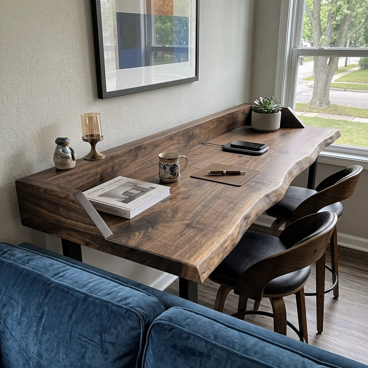 Live Edge Sofa Bar Table with Low Back Rail – Solid Wood Behind Couch Counter Table