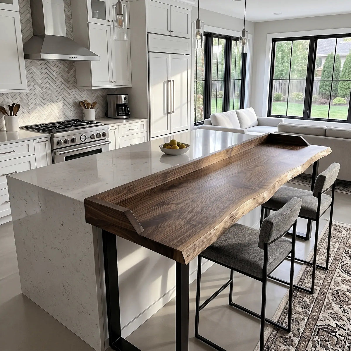 Live Edge Sofa Bar Table with Low Back Rail – Solid Wood Behind Couch Counter Table