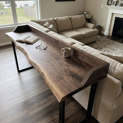 Live Edge Sofa Bar Table with Low Back Rail – Solid Wood Behind Couch Counter Table