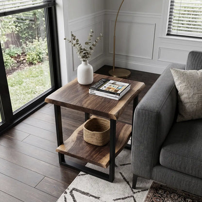 Solid Wood 2-Tier Live Edge Side Table & Nightstand