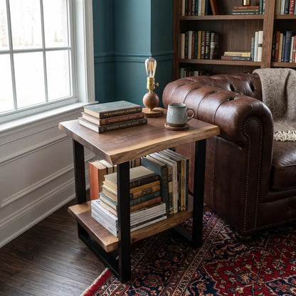 Solid Wood 2-Tier Live Edge Side Table & Nightstand