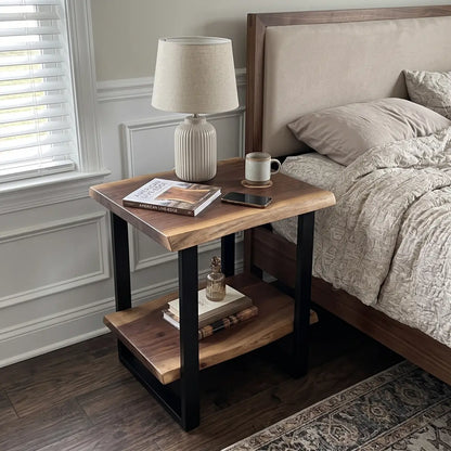Solid Wood 2-Tier Live Edge Side Table & Nightstand
