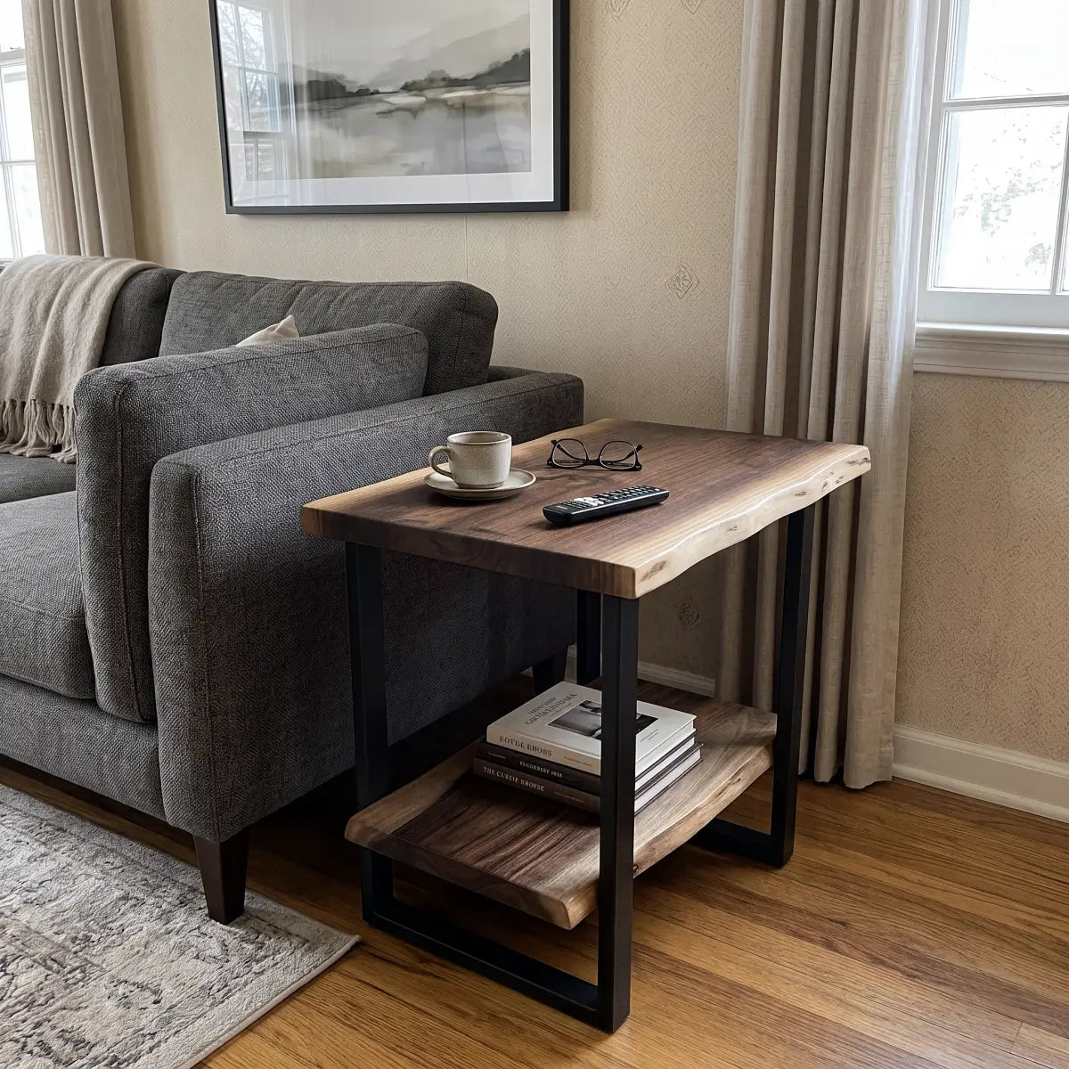 Solid Wood 2-Tier Live Edge Side Table & Nightstand