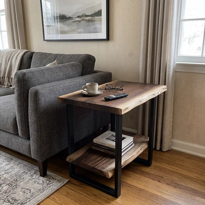Solid Wood 2-Tier Live Edge Side Table & Nightstand