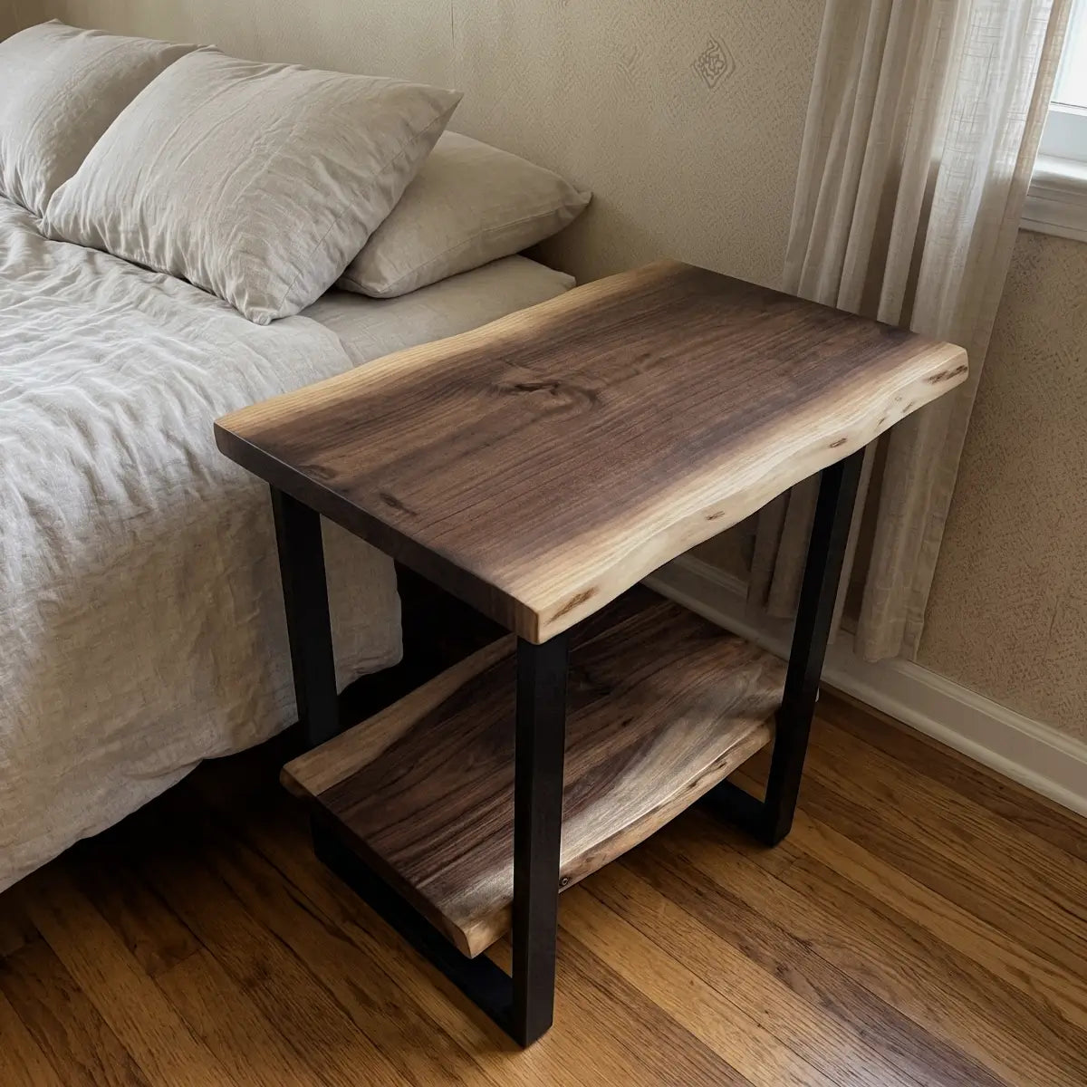Solid Wood 2-Tier Live Edge Side Table & Nightstand