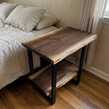 Solid Wood 2-Tier Live Edge Side Table & Nightstand