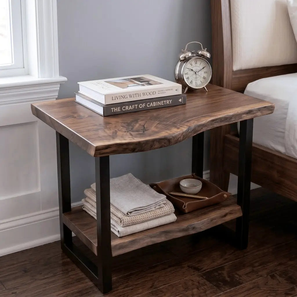 Solid Wood 2-Tier Live Edge Side Table & Nightstand