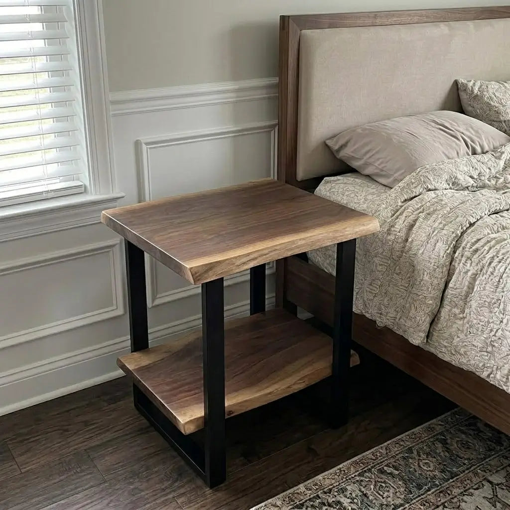 Solid Wood 2-Tier Live Edge Side Table & Nightstand