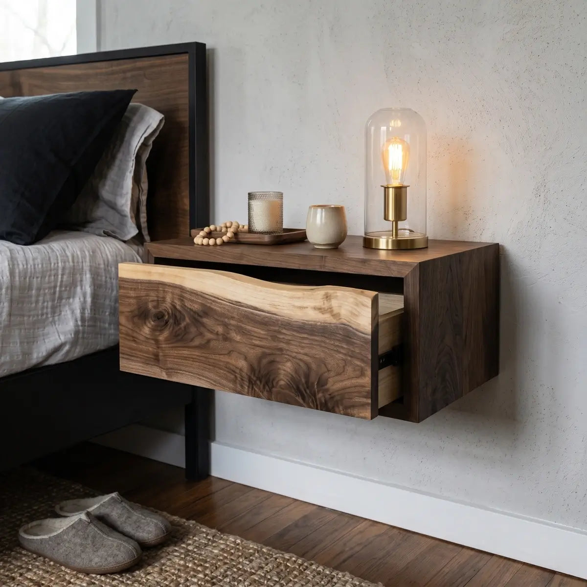 Solid wood floating nightstand with live edge drawer mounted beside a bed, shown with the drawer open