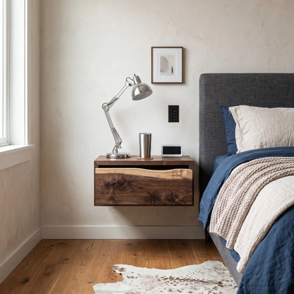 Floating bedside table with live edge wood drawer, styled with a desk lamp beside a bed