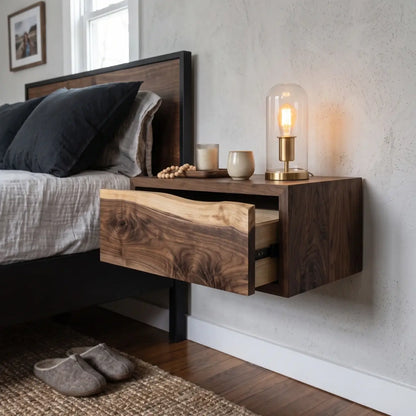 Close view of a floating solid wood nightstand with live edge drawer beside a bed and table lamp