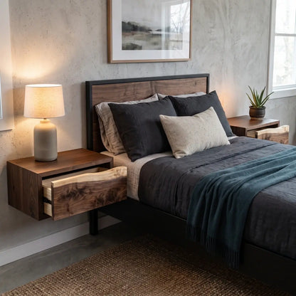 Wall mounted solid wood floating nightstand with live edge drawer beside a modern upholstered bed