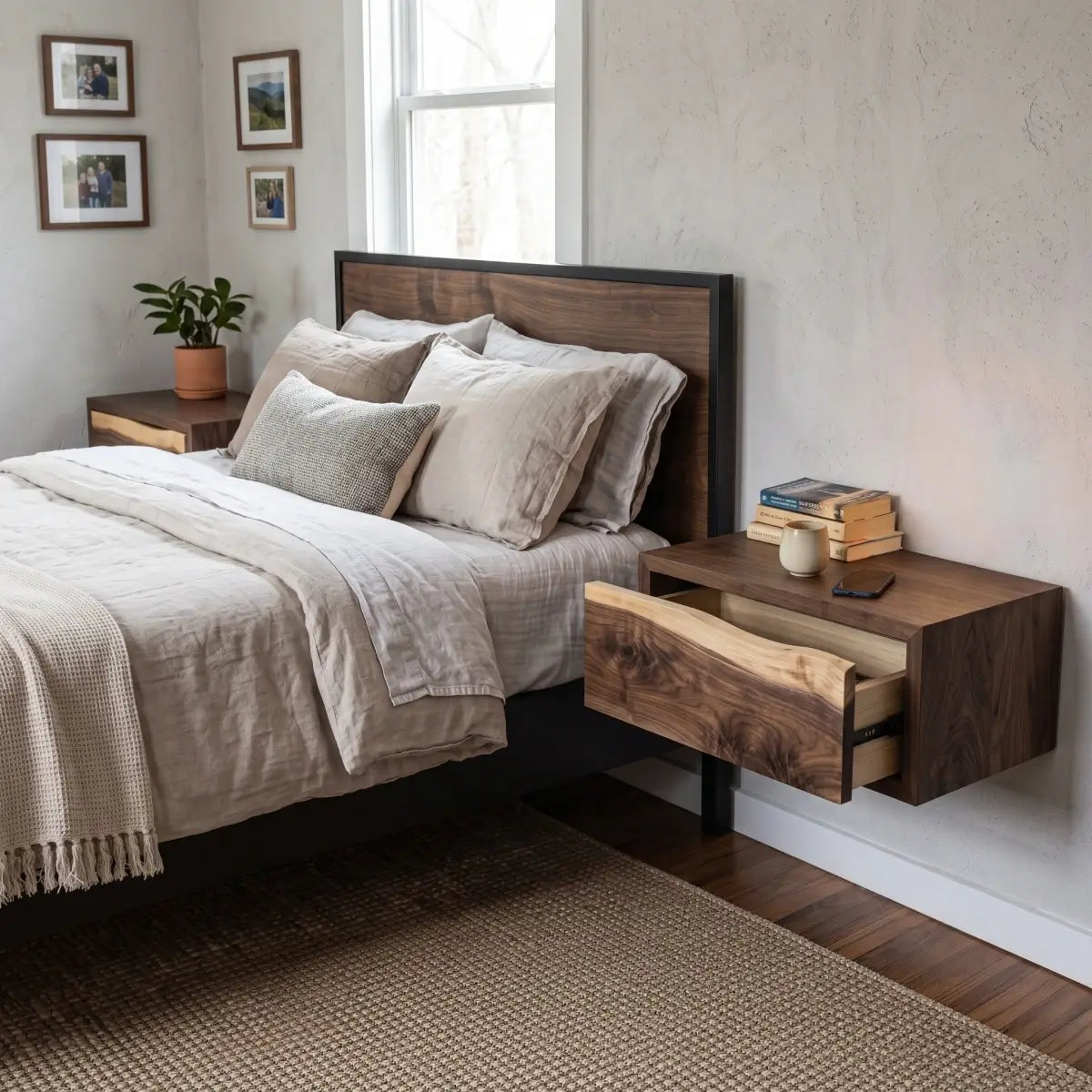 Solid wood wall mounted nightstand with open live edge drawer beside a neutral bedroom bed