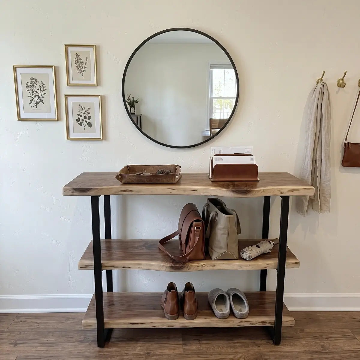 Solid Wood Live Edge 3-Tier Console Table with 2 Storage Shelves