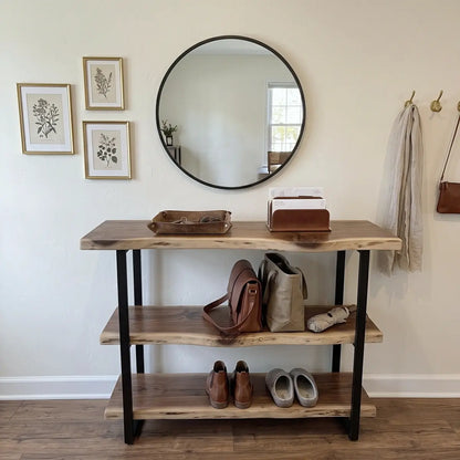 Solid Wood Live Edge 3-Tier Console Table with 2 Storage Shelves