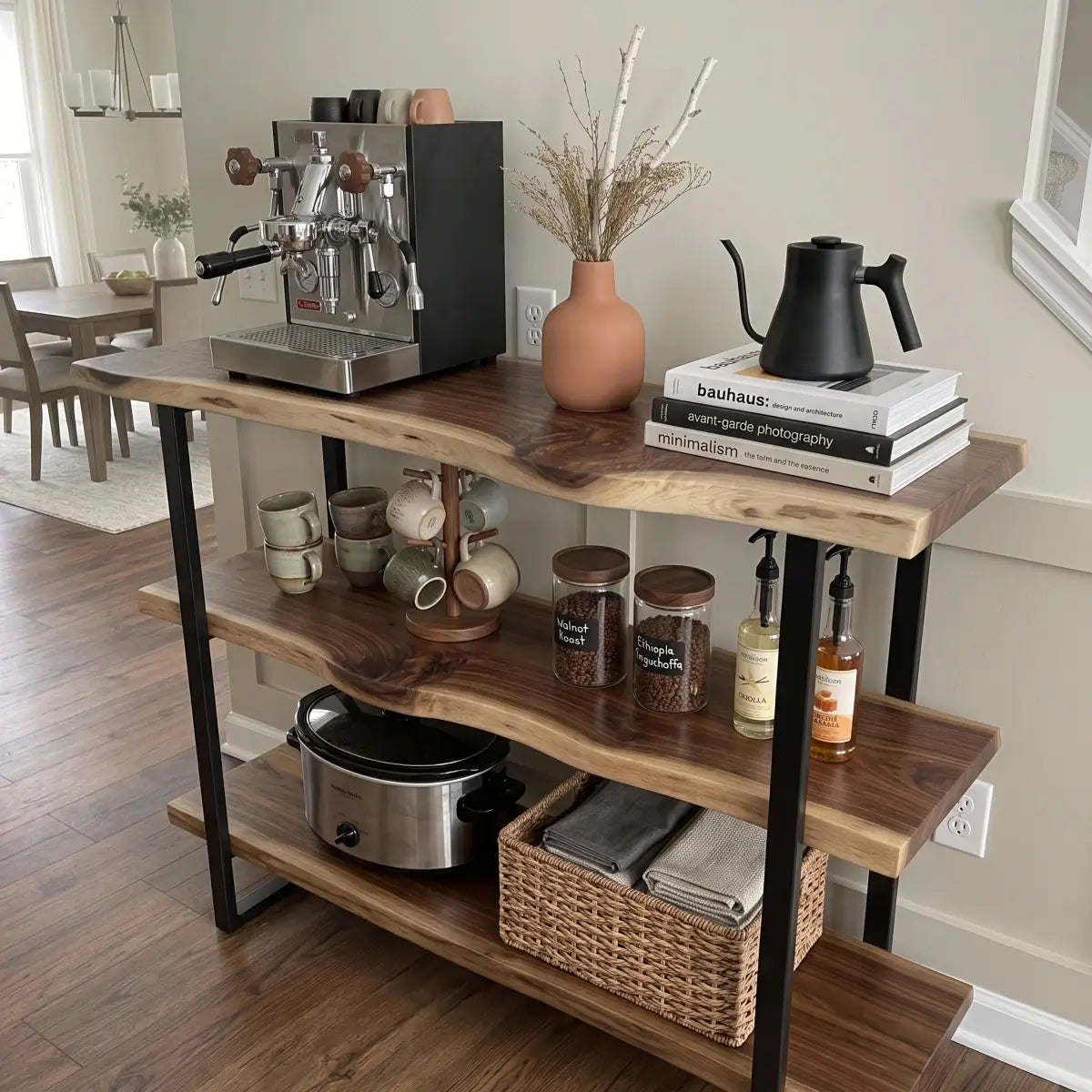 Solid Wood Live Edge 3-Tier Console Table with 2 Storage Shelves