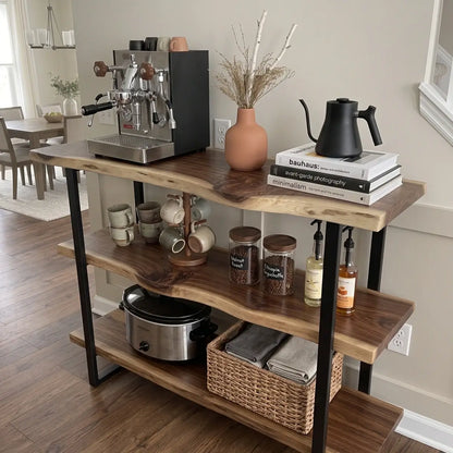 Solid Wood Live Edge 3-Tier Console Table with 2 Storage Shelves