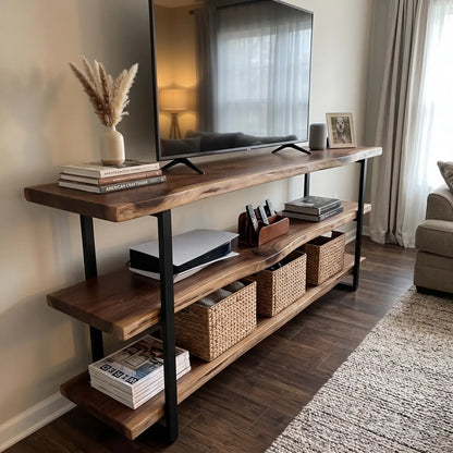 Solid Wood Live Edge 3-Tier Console Table with 2 Storage Shelves