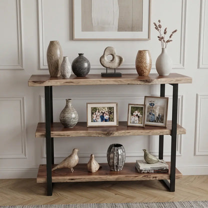 Solid Wood Live Edge 3-Tier Console Table with 2 Storage Shelves