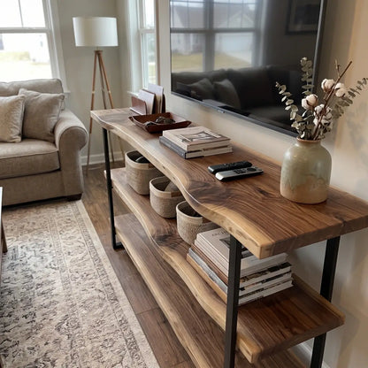 Solid Wood Live Edge 3-Tier Console Table with 2 Storage Shelves