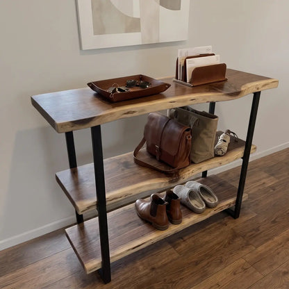 Solid Wood Live Edge 3-Tier Console Table with 2 Storage Shelves