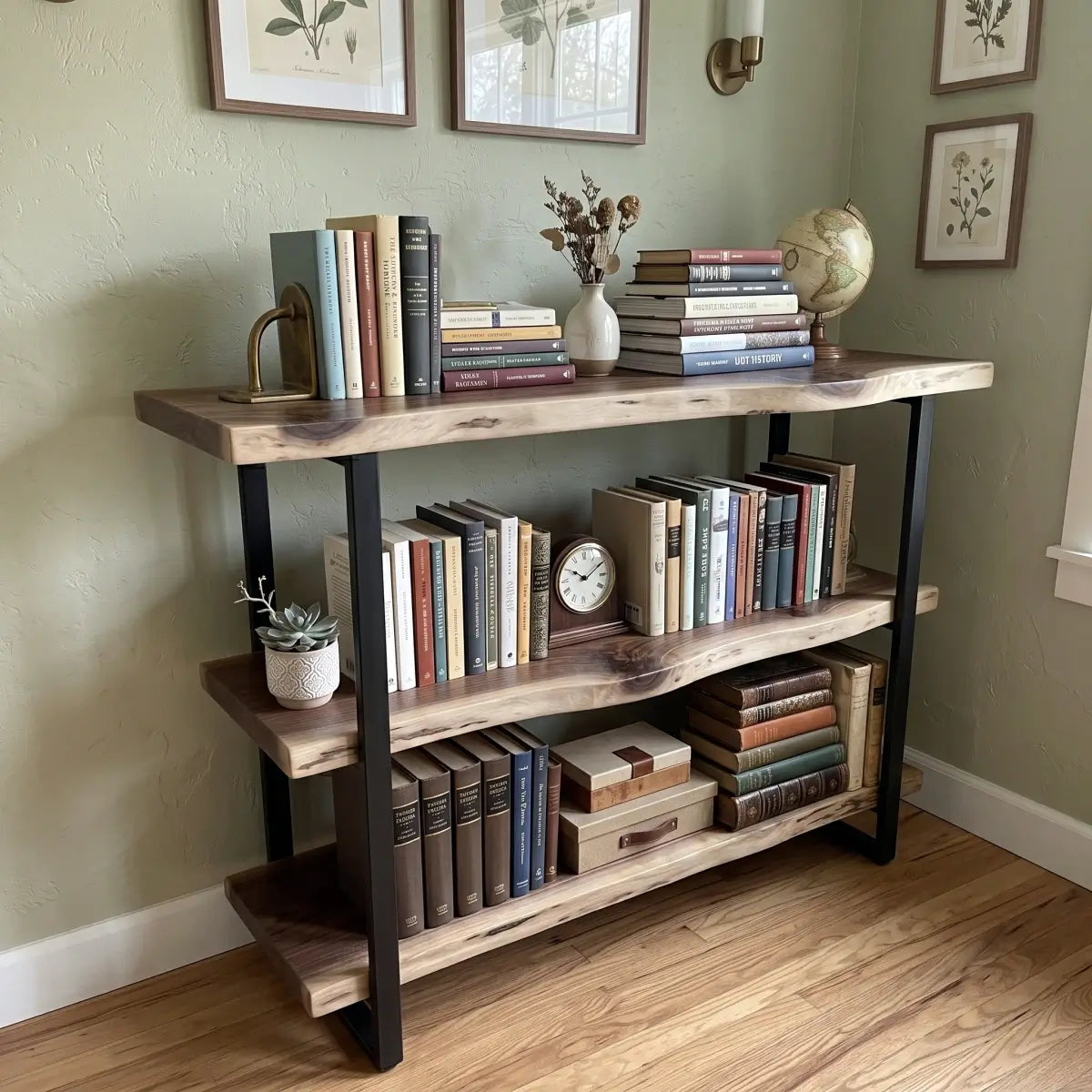 Solid Wood Live Edge 3-Tier Console Table with 2 Storage Shelves