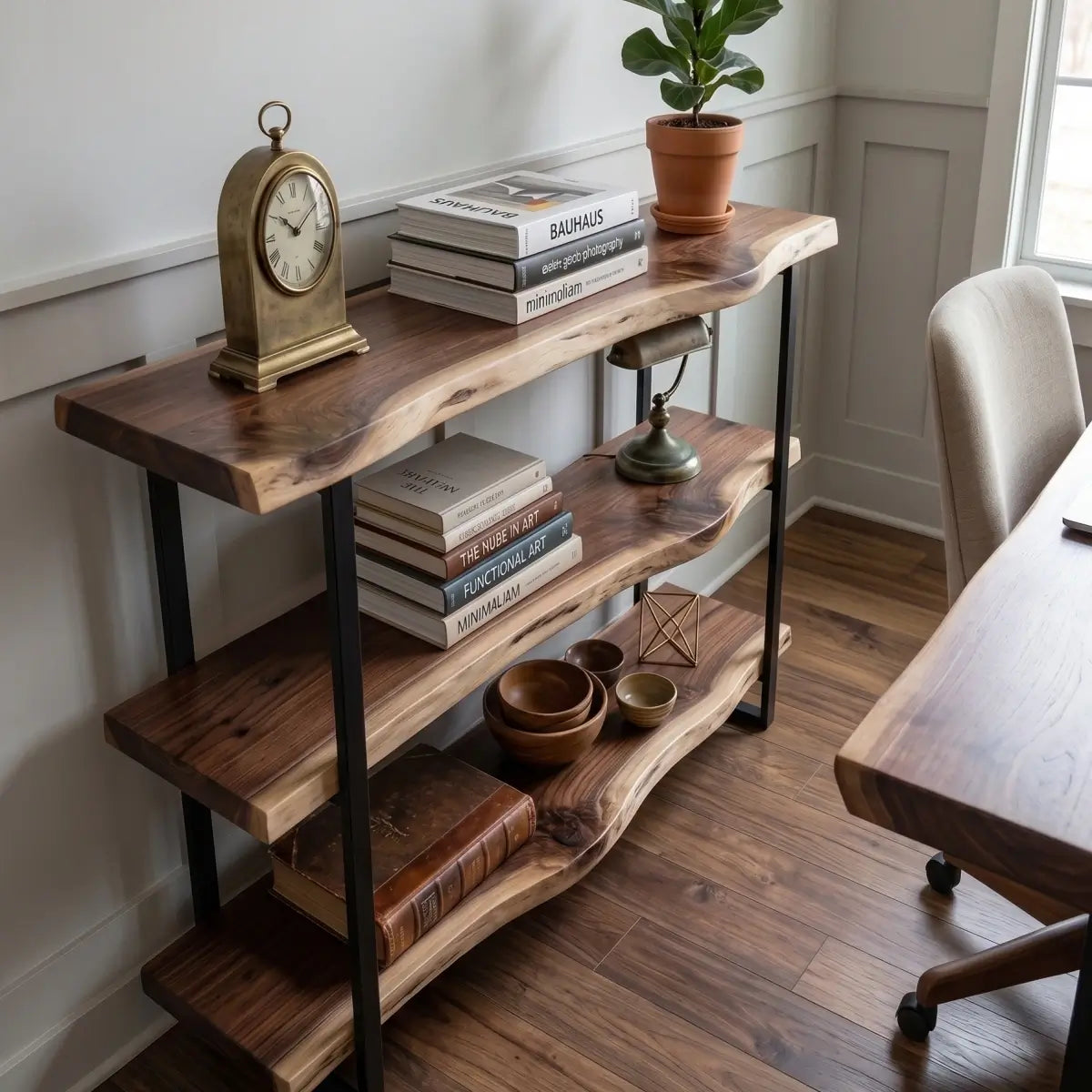 Solid Wood Live Edge 3-Tier Console Table with 2 Storage Shelves