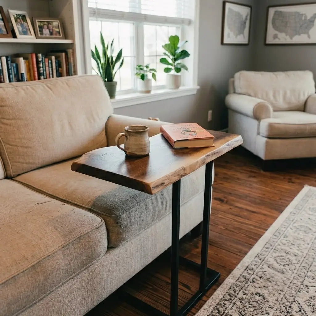 Solid Wood Live Edge C-Shaped Sofa Side Table