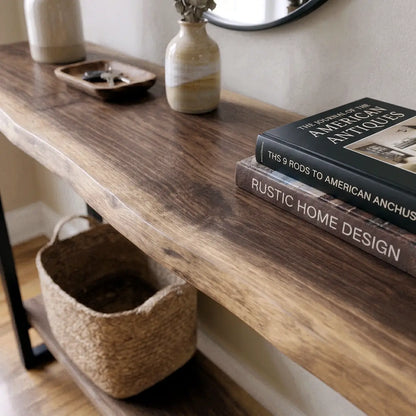 Solid Wood Live Edge Console Table with Lower Shelf