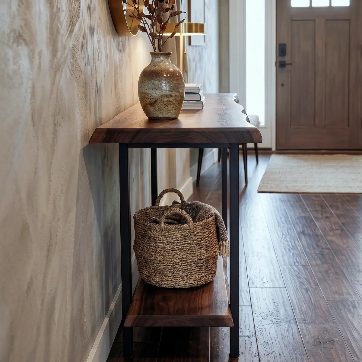 Solid Wood Live Edge Console Table with Lower Shelf