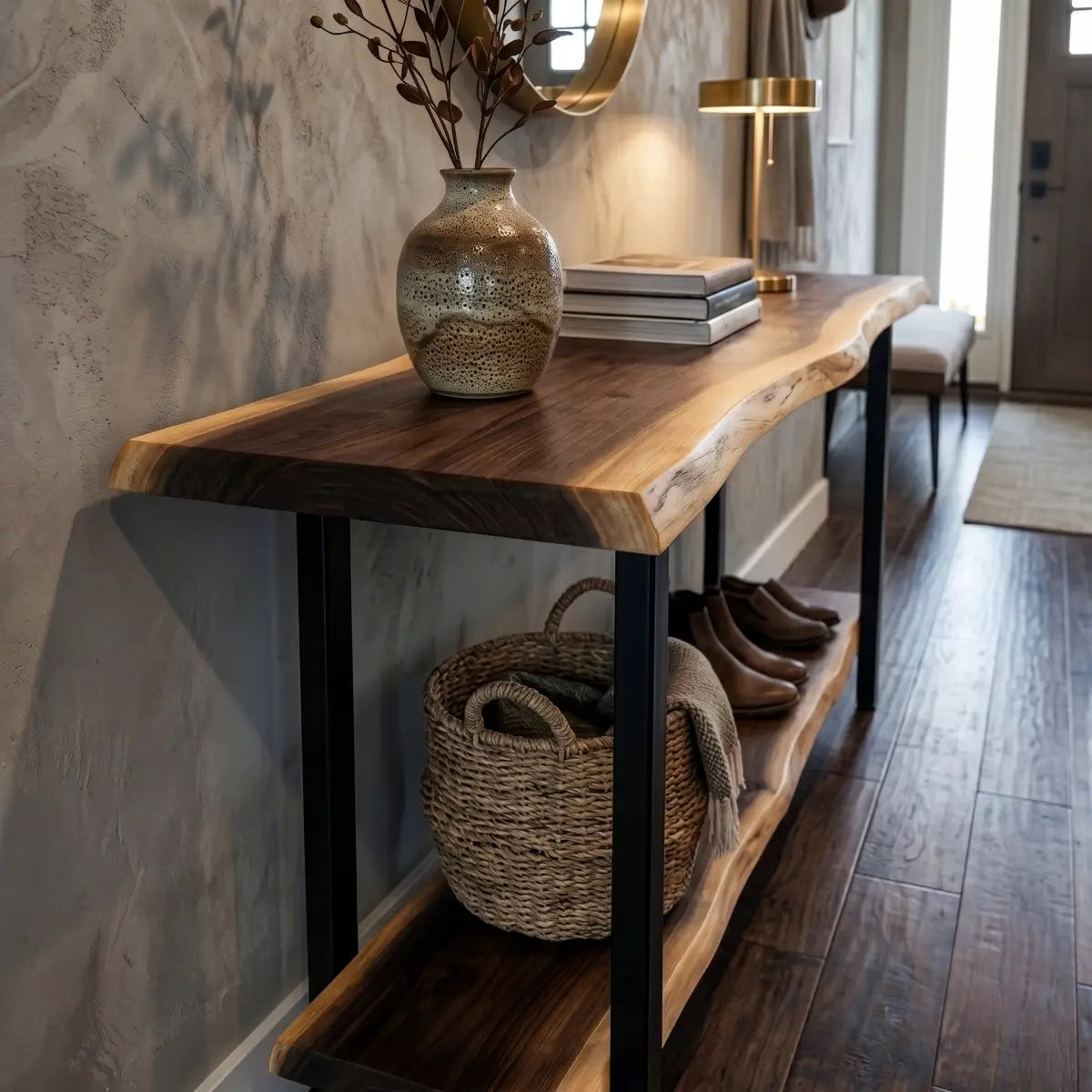 Solid Wood Live Edge Console Table with Lower Shelf