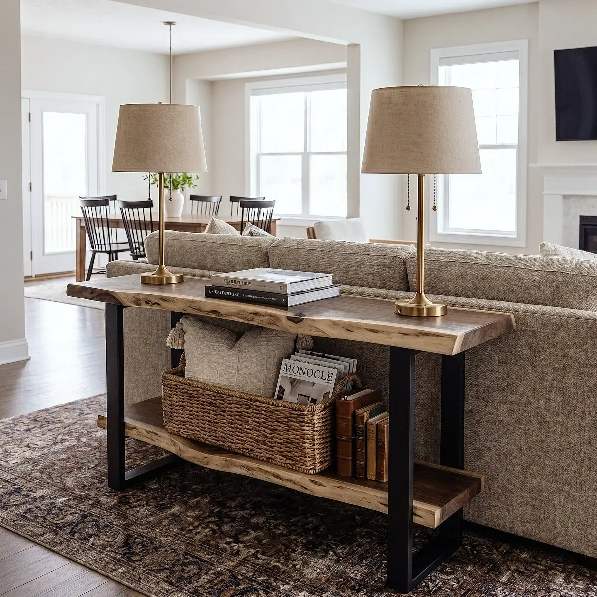 Solid Wood Live Edge Console Table with Lower Shelf