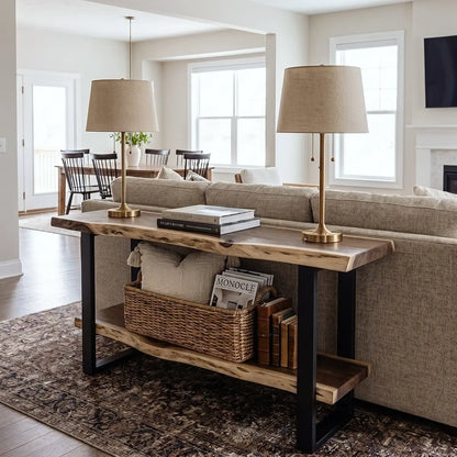 Solid Wood Live Edge Console Table with Lower Shelf
