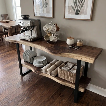 Solid Wood Live Edge Console Table with Lower Shelf