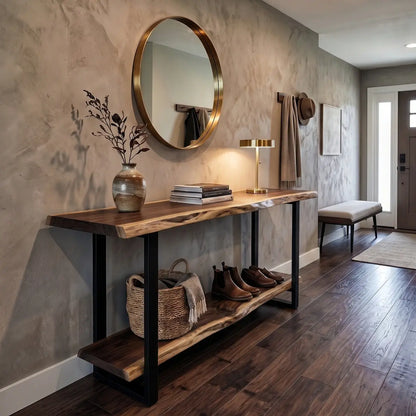 Solid Wood Live Edge Console Table with Lower Shelf